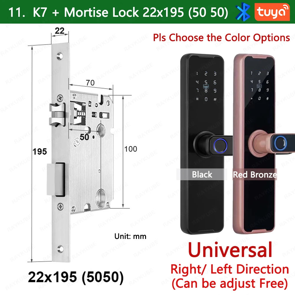 RAYKUBE Biometric Fingerprint Door Lock K7 Pro+ Black Smart Lock Tuya App Remote Unlocking Keyless Lock Electronic Door Lock