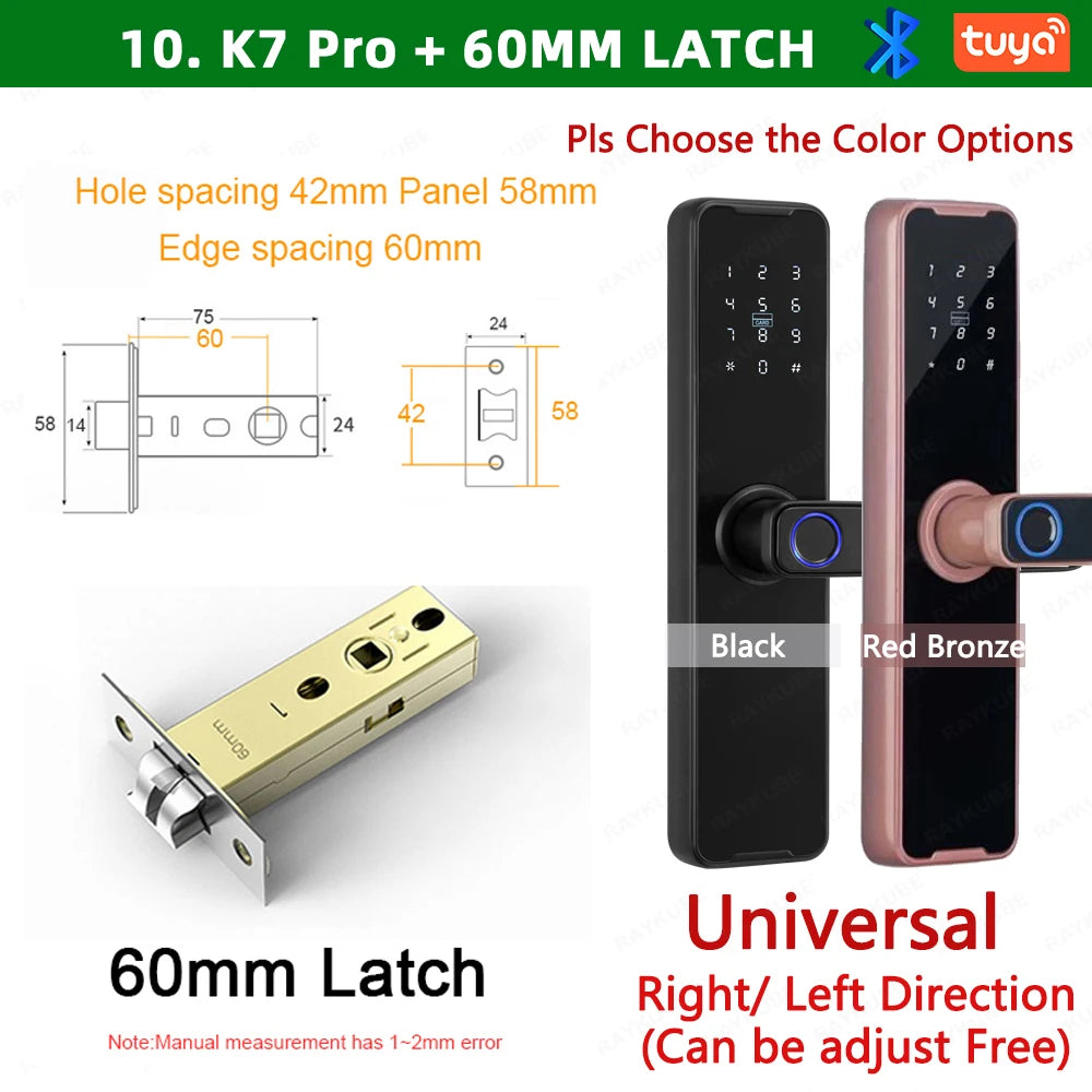 RAYKUBE Biometric Fingerprint Door Lock K7 Pro+ Black Smart Lock Tuya App Remote Unlocking Keyless Lock Electronic Door Lock