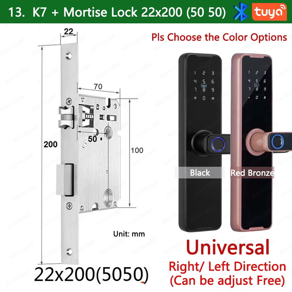 RAYKUBE Biometric Fingerprint Door Lock K7 Pro+ Black Smart Lock Tuya App Remote Unlocking Keyless Lock Electronic Door Lock