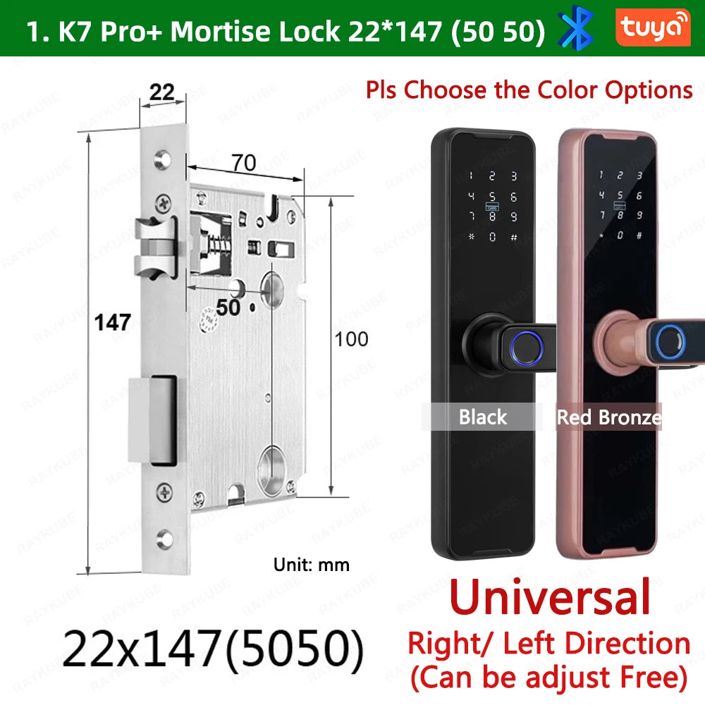 RAYKUBE Biometric Fingerprint Door Lock K7 Pro+ Black Smart Lock Tuya App Remote Unlocking Keyless Lock Electronic Door Lock