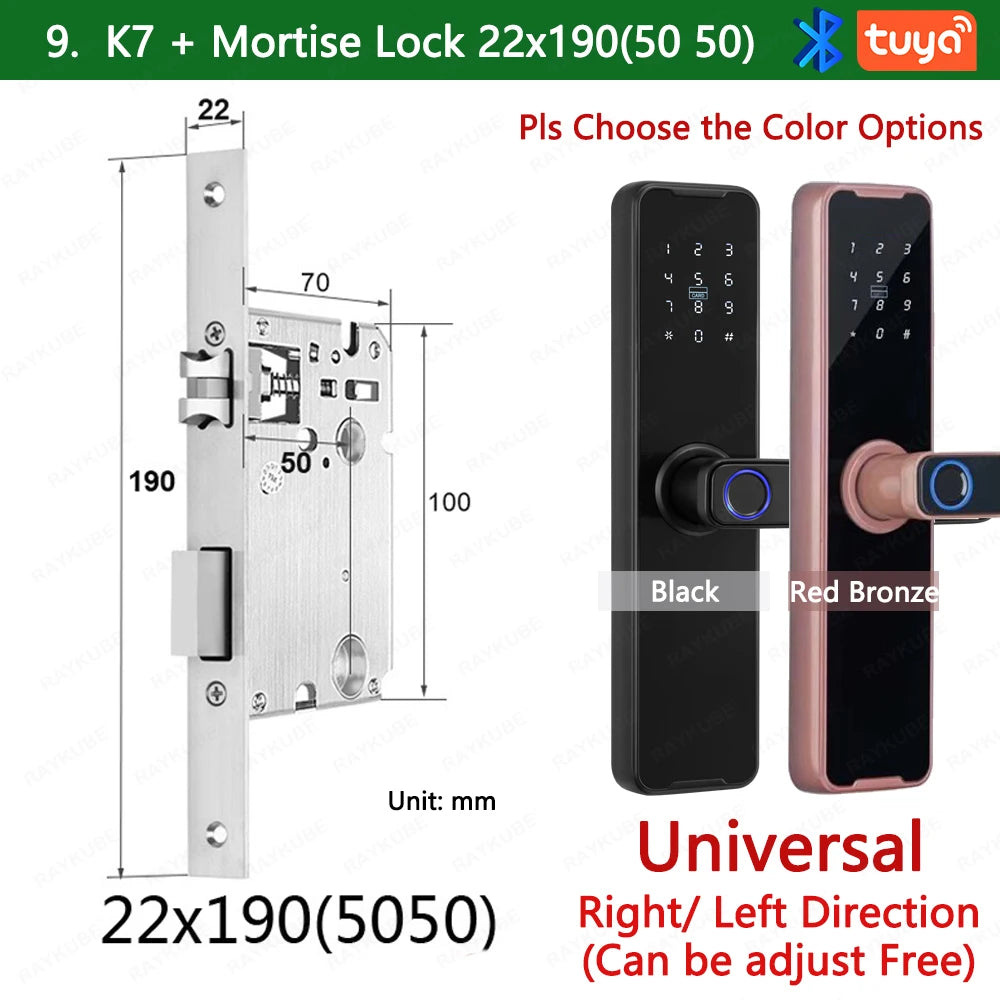 RAYKUBE Biometric Fingerprint Door Lock K7 Pro+ Black Smart Lock Tuya App Remote Unlocking Keyless Lock Electronic Door Lock