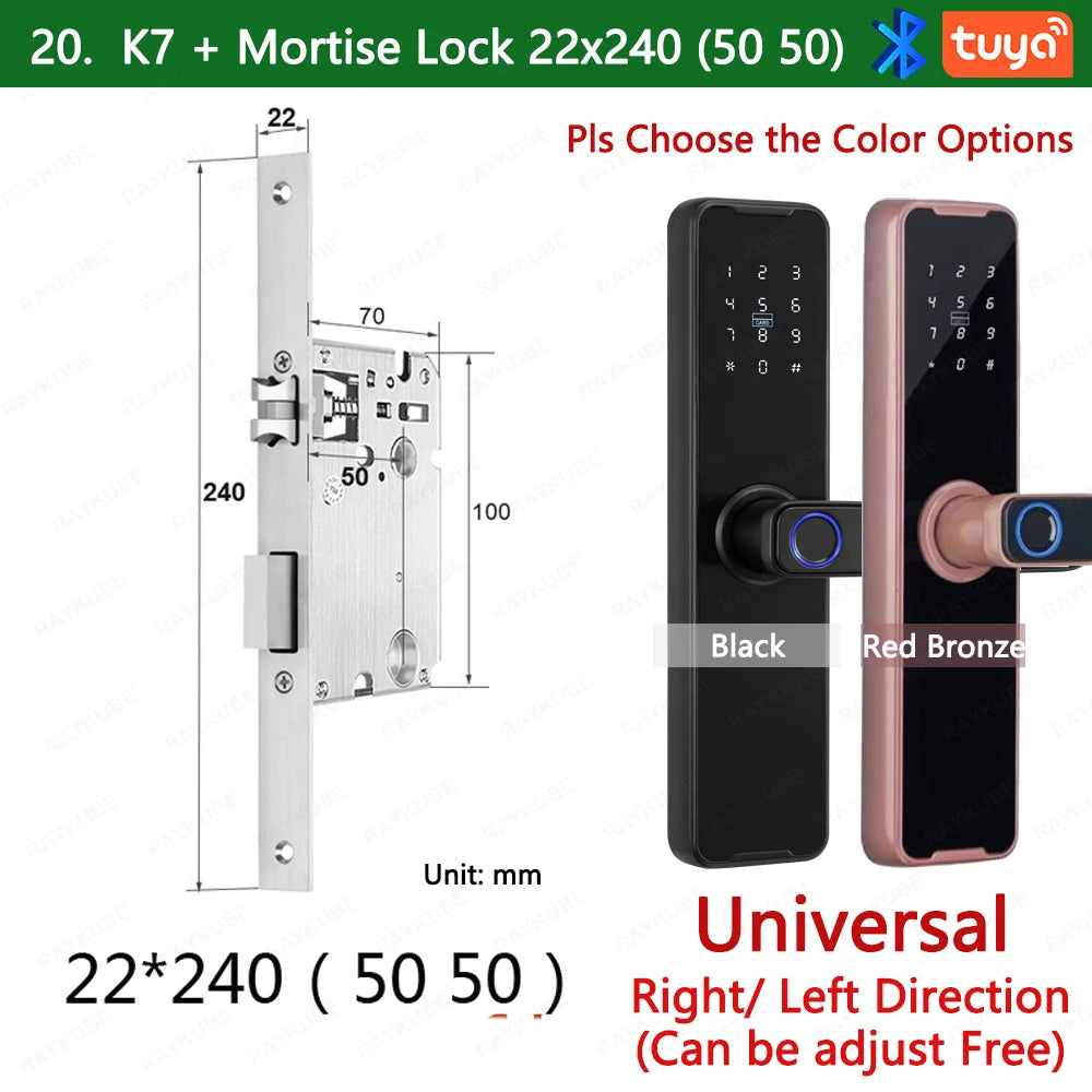 RAYKUBE Biometric Fingerprint Door Lock K7 Pro+ Black Smart Lock Tuya App Remote Unlocking Keyless Lock Electronic Door Lock