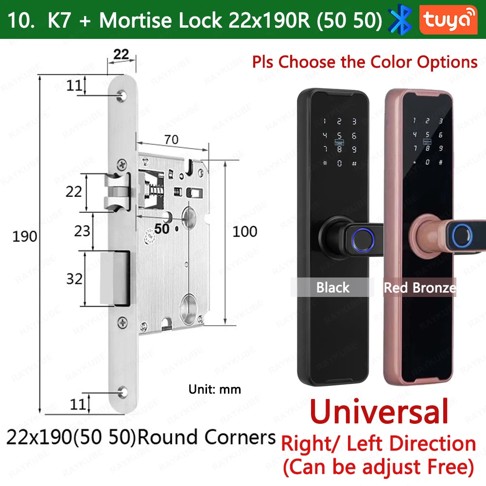 RAYKUBE Biometric Fingerprint Door Lock K7 Pro+ Black Smart Lock Tuya App Remote Unlocking Keyless Lock Electronic Door Lock
