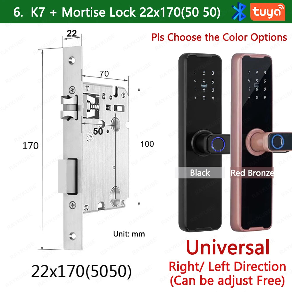 RAYKUBE Biometric Fingerprint Door Lock K7 Pro+ Black Smart Lock Tuya App Remote Unlocking Keyless Lock Electronic Door Lock