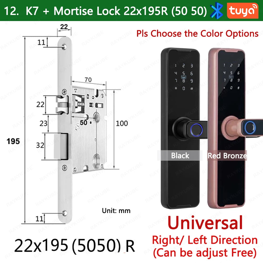 RAYKUBE Biometric Fingerprint Door Lock K7 Pro+ Black Smart Lock Tuya App Remote Unlocking Keyless Lock Electronic Door Lock