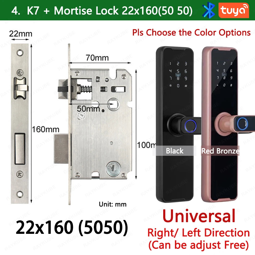 RAYKUBE Biometric Fingerprint Door Lock K7 Pro+ Black Smart Lock Tuya App Remote Unlocking Keyless Lock Electronic Door Lock